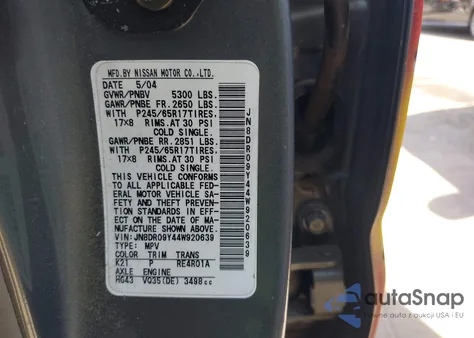 2004 Nissan Pathfinder Le Platinum from USA, damaged, VIN JN8DR09Y44W920639